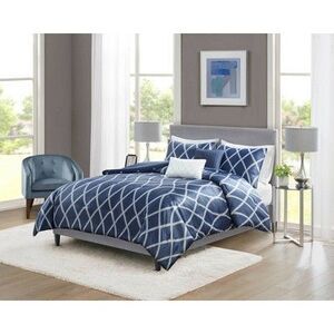 No Brand - 5pc Full/Queen Zara Charmeuse Geo Print Comforter  Navy